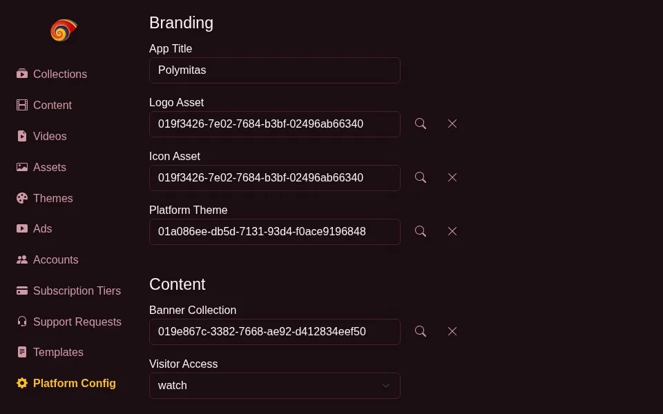 The platform config admin panel, Sunset theme