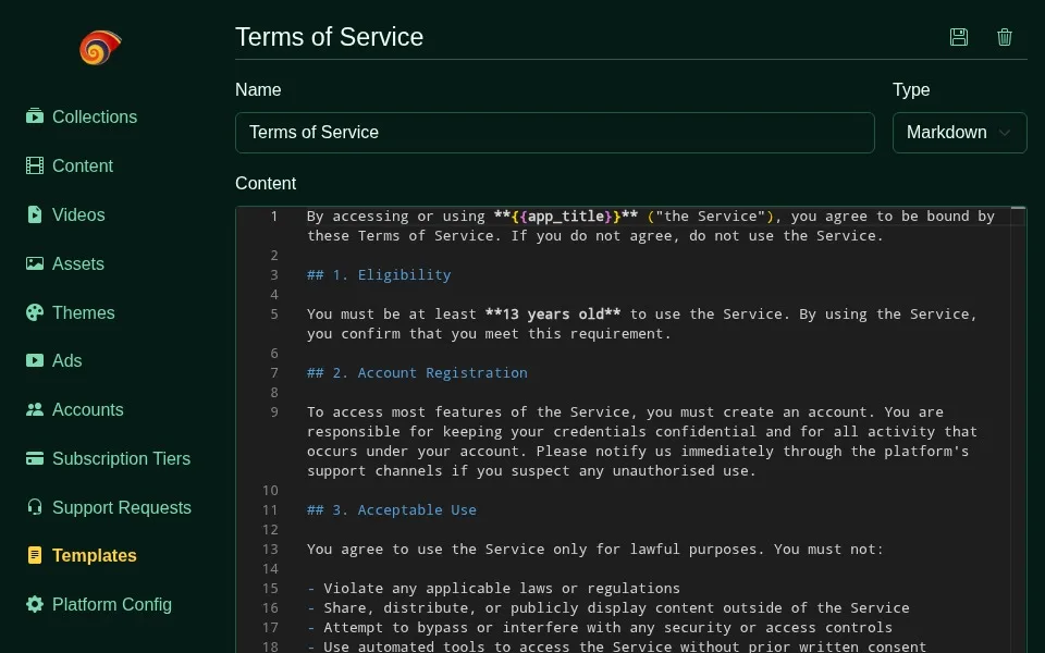 The Markdown template editor with a live rendered preview, Emerald theme