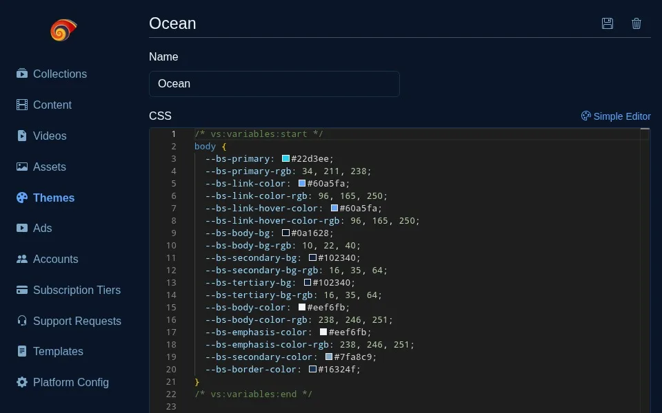 The raw Monaco CSS editor showing real theme code, Ocean theme