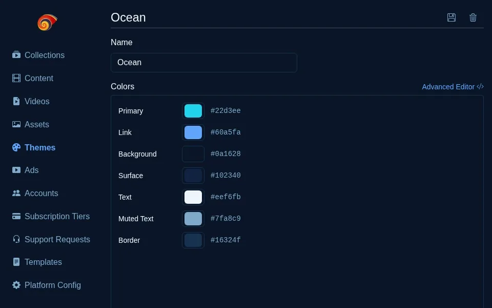 The guided color-token theme editor with a live preview, Ocean theme