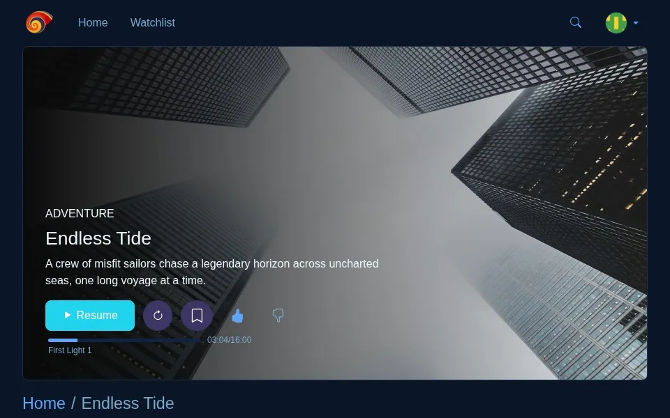 A show page with episode list and resume state, Ocean theme