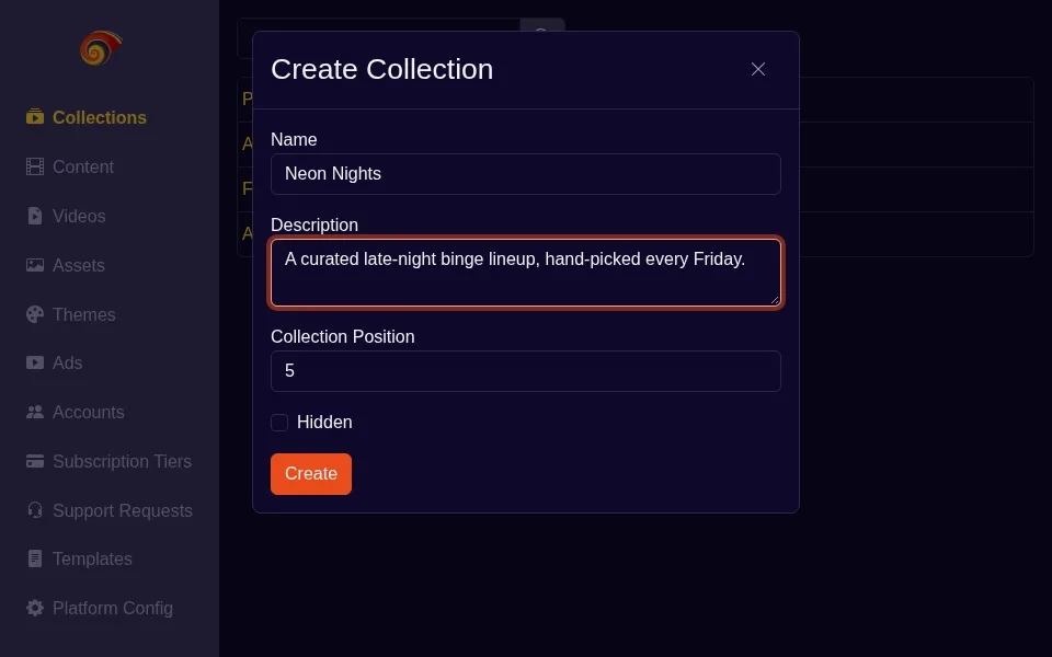 The new collection modal, Tide theme