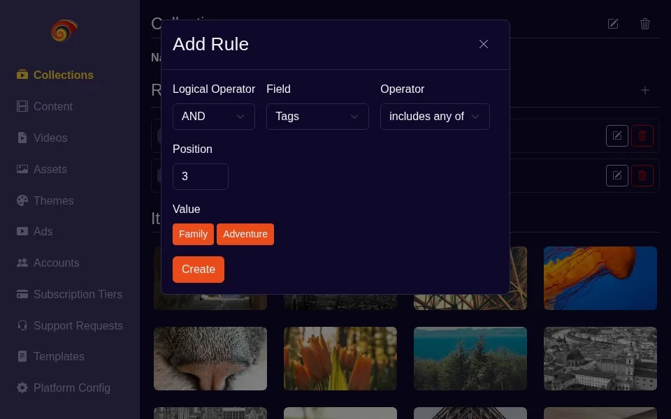 The smart collection rule builder with tag filters, Tide theme